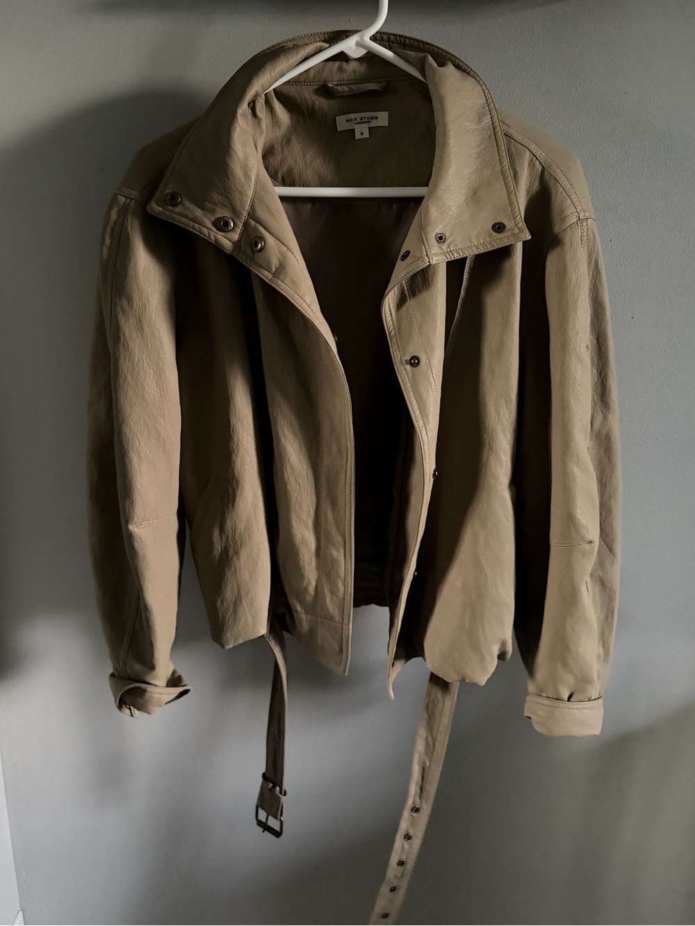 Beige Leather Bomber Jacket